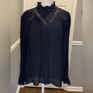 Gap women’s black XL button down blouse lace ruffle collar long sleeves NWT